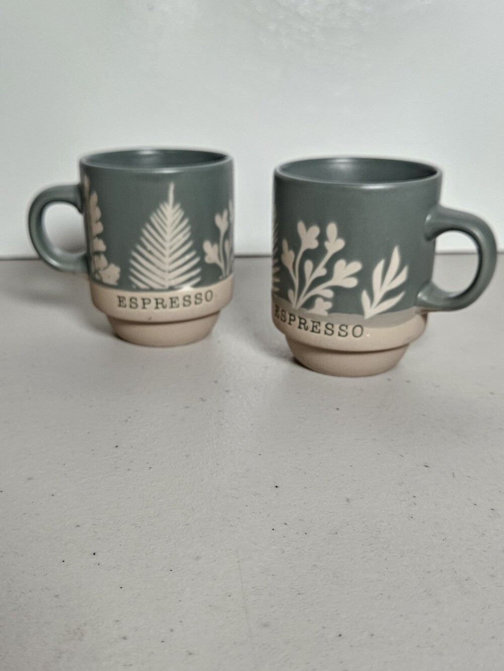 Set Of 2 Sage Green Botanical Ceramic Espresso Cups Handles Casual Kitchen 3"